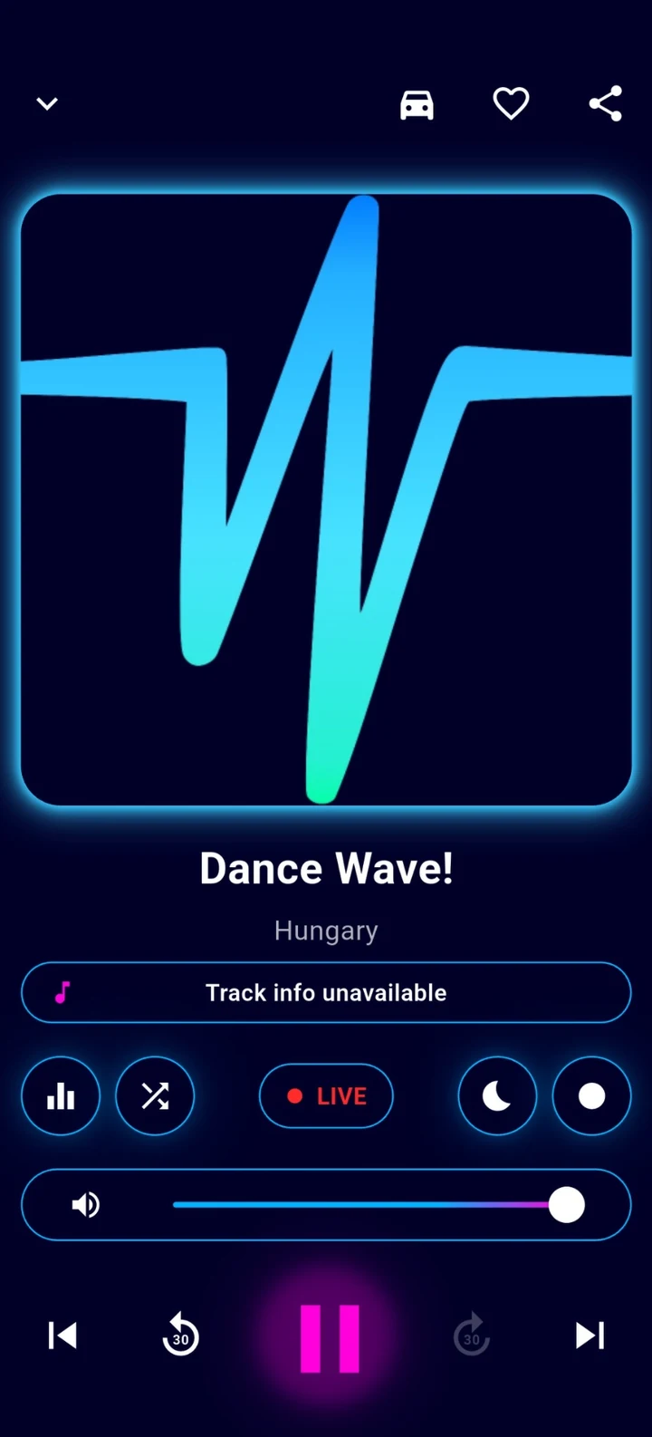 Schermata dell'app Universe Radio con elenco radio nel tema scuro