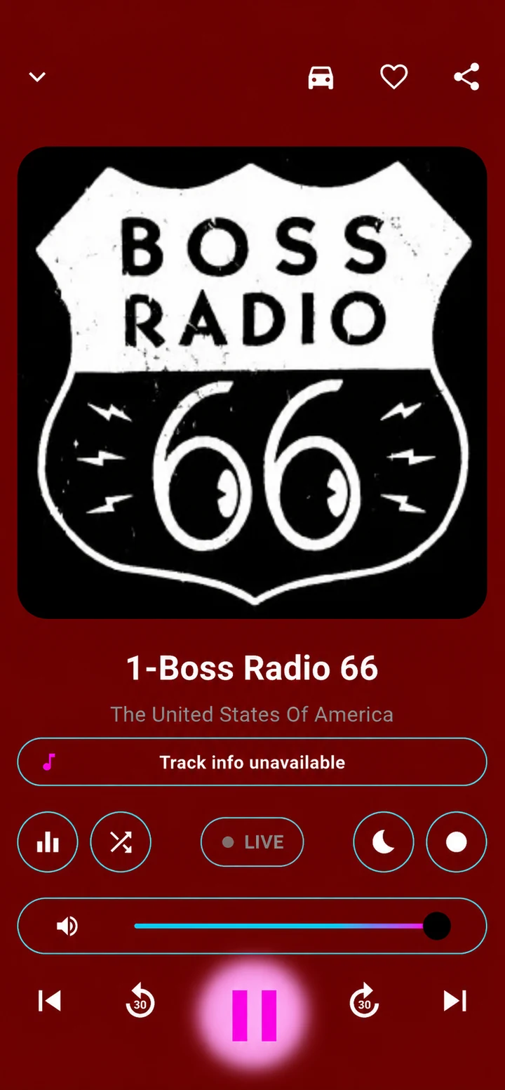 Schermata del player completo di Universe Radio nel tema scuro