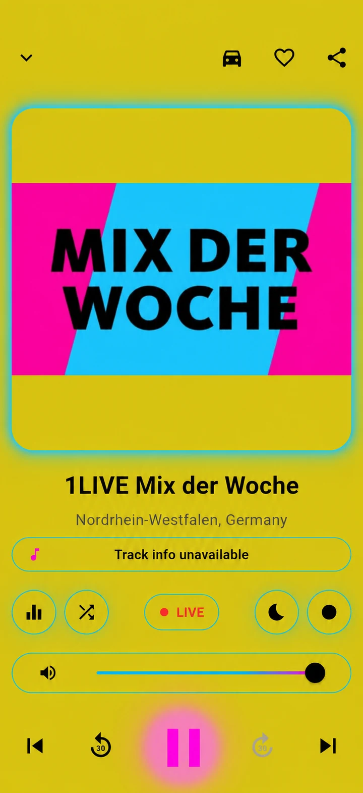 Schermata del player completo di Universe Radio nel tema chiaro