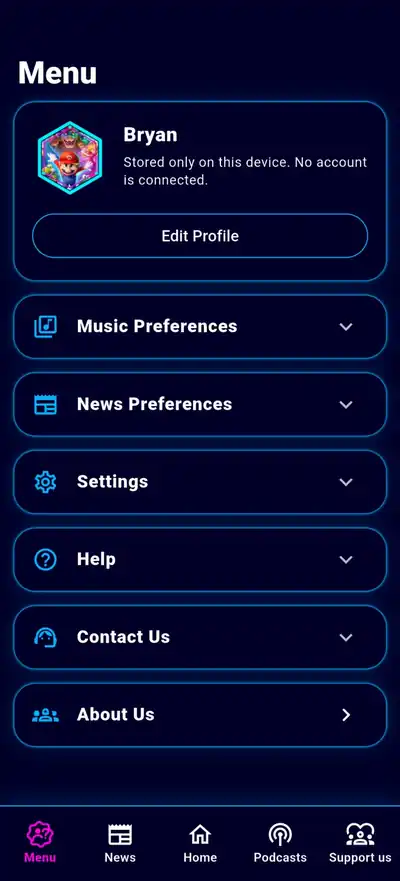 Schermata dell'app Universe Radio con elenco radio nel tema scuro